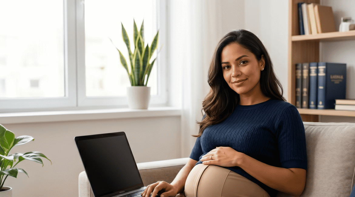 Mulher grávida em ambiente de escritório doméstico, com expressão reflexiva ao usar um notebook, ilustrando o direito ao salário-maternidade após demissão. Destaque para advocacia previdenciária e trabalhista da Macari Advocacia.