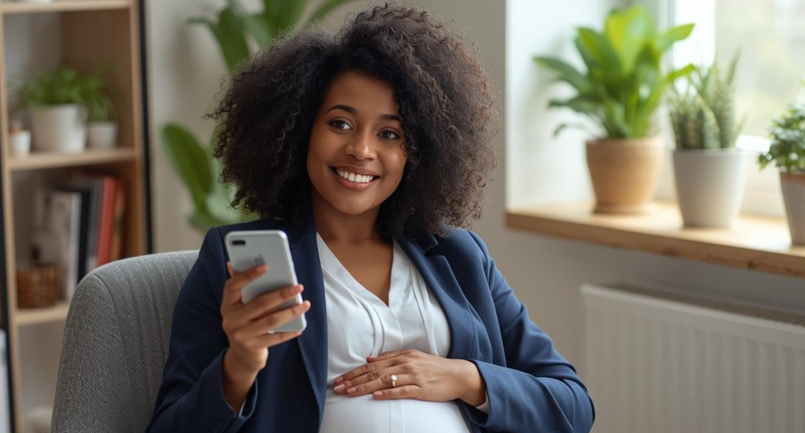Advocacia Previdenciária em Ibitinga: Mulher grávida segurando celular em ambiente profissional, representando o guia sobre salário-maternidade e o que fazer em caso de negativa do INSS.