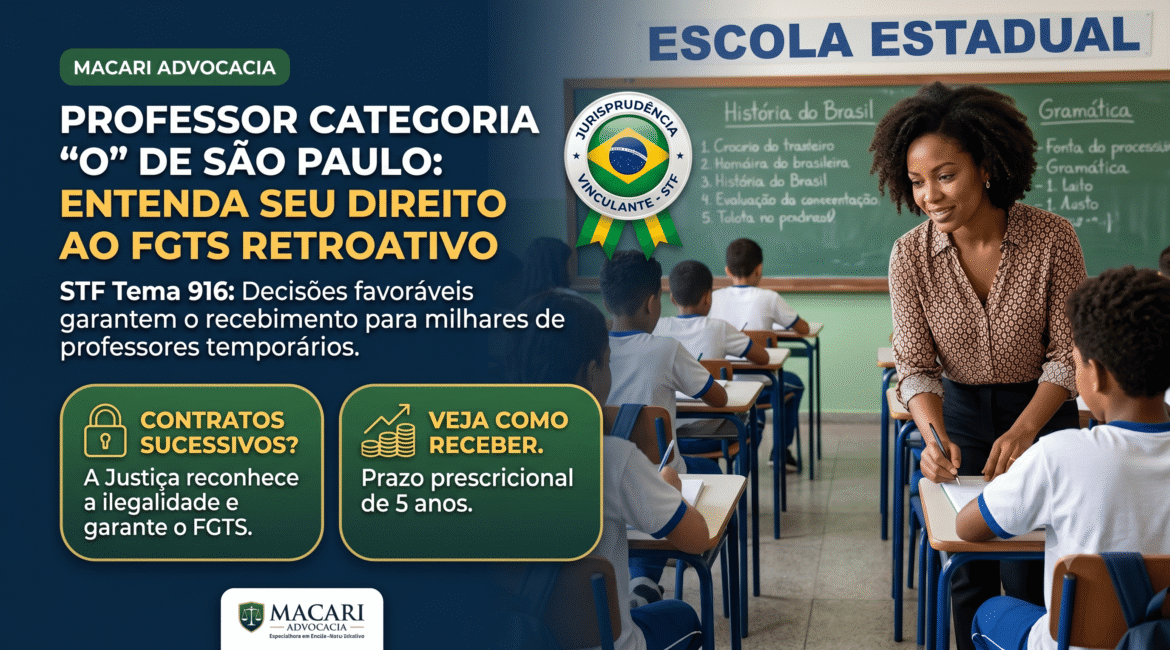 Uma professora Categoria O da rede estadual de São Paulo ensinando em sala de aula. À esquerda, um infográfico com o título 'PROFESSOR CATEGORIA "O" DE SÃO PAULO: ENTENDA SEU DIREITO AO FGTS RETROATIVO'. O infográfico cita o 'STF Tema 916', 'Decisões favoráveis garantem o recebimento' e 'Prazo prescricional de 5 anos'. O logo da Macari Advocacia aparece no topo.